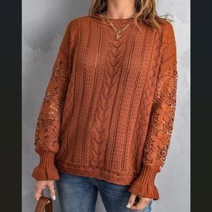 Boutique Crochet Lace Pointelle Knit Sweater